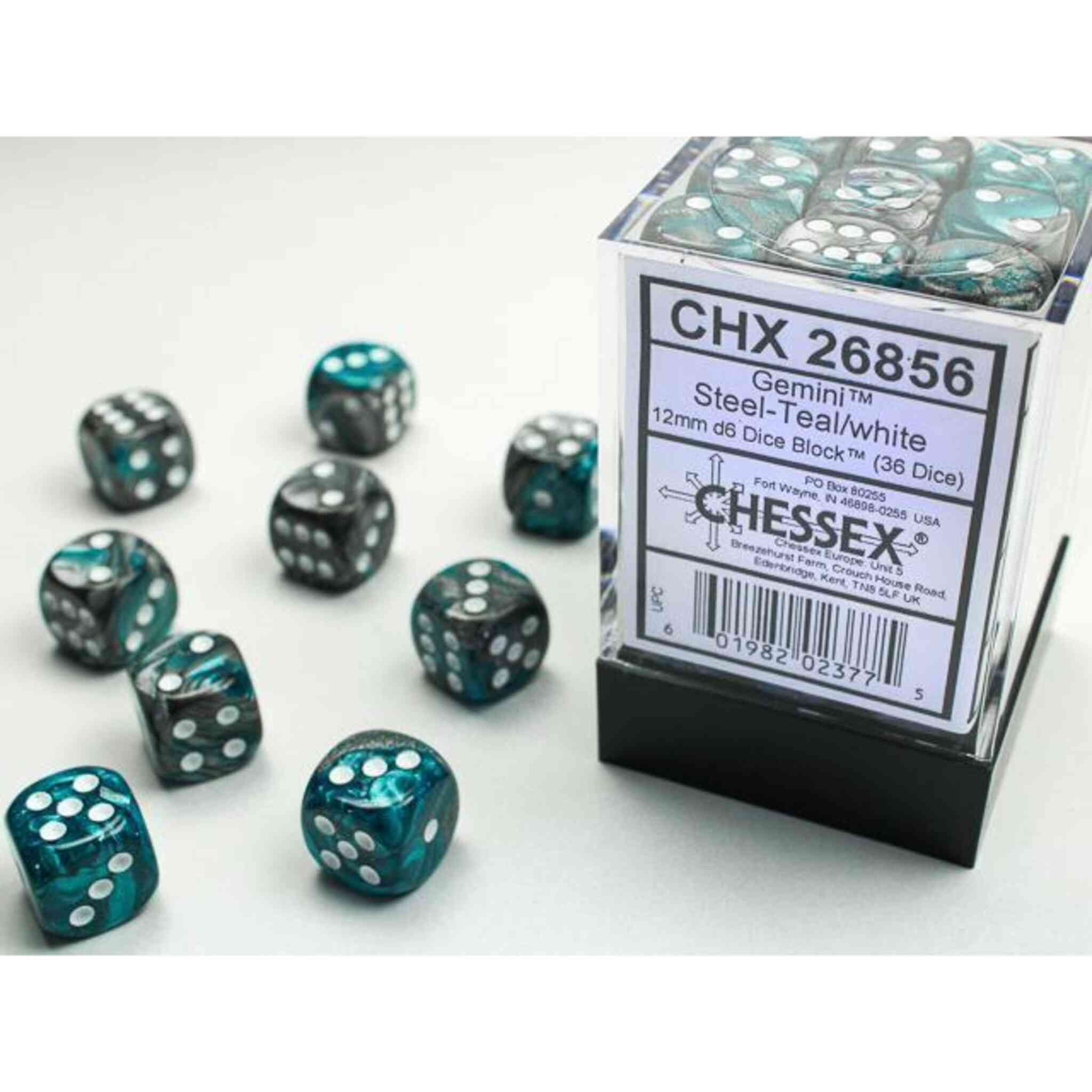 Chessex Gemini Dice - 36 x D6 - 12mm - Steel-Teal/White