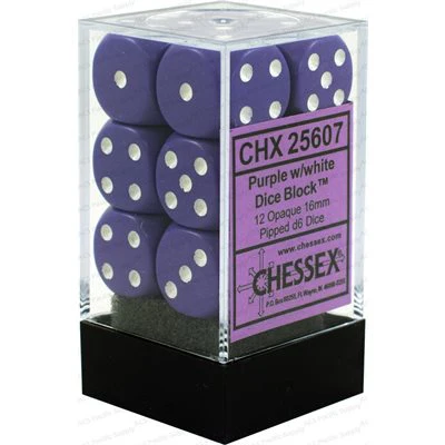Chessex Opaque Dice - 12 x D6 - 16mm - Purple/White